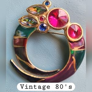 VTG 80'S ABSTRACT ENAMEL PURPLE PINK & HELITROPE RIVOLI STONES ECD BROOCH EUVC